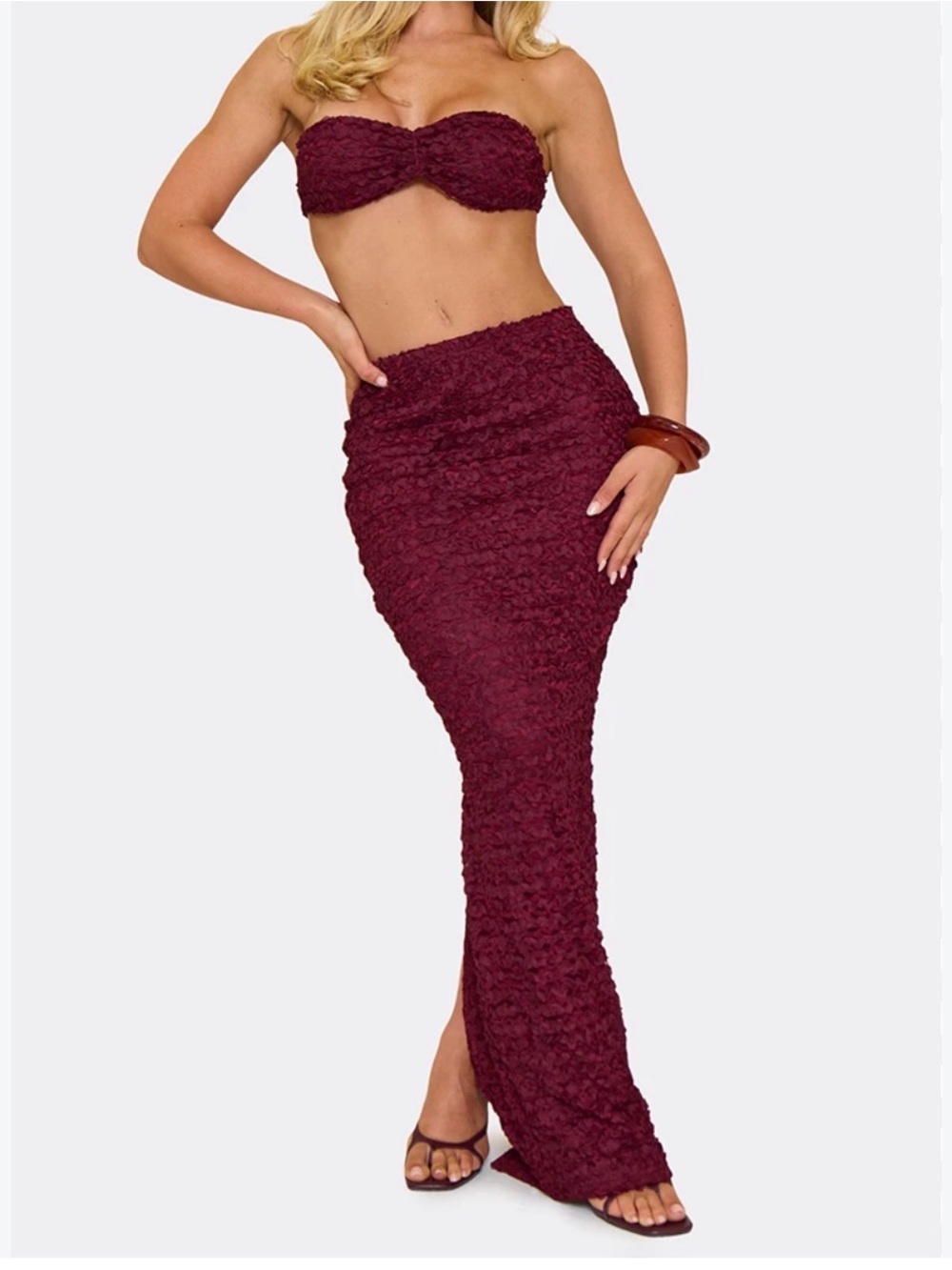 EGO Deep Burgundy Textured Strapless Maxi Skirt